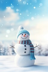 Fototapeta premium Christmas Snowman On Winter Background. Funny festive snowman in a hat. Merry christmas and a happy new year. Holiday banner and poster. Christmas poster and banner