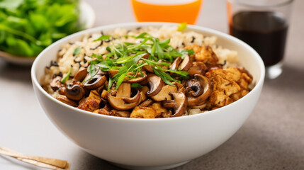 Brown rice bowl topped with sauteed sliced mushrooms coo, generative ai - obrazy, fototapety, plakaty
