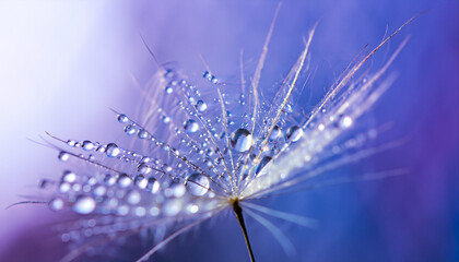 Beautiful dew drops on a dandelion seed macro. Beautiful soft light blue and violet background. Water drops on a parachutes dandelion on a beautiful blue. Soft dreamy tender artistic image form - obrazy, fototapety, plakaty
