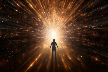 Human Figure Floating Toward Bright Tunnel Of Light