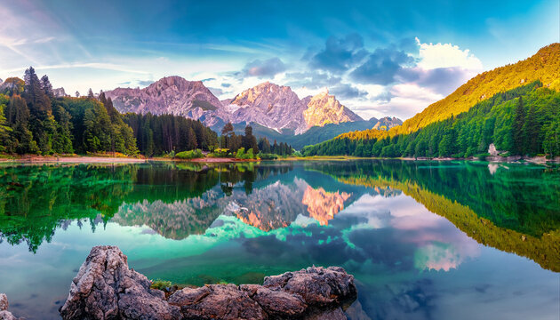 Fototapeta Calm morning view of Fusine lake. Colorful summer sunrise in Julian Alps with Mangart peak on background, Province of Udine, Italy, Europe. Beauty of nature concept background