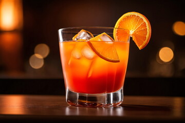Ein Glas Tequila Sunrise Cocktail mit Orange und Eiswürfel im Vordergrund und im Hintergrund eine Bar. - obrazy, fototapety, plakaty