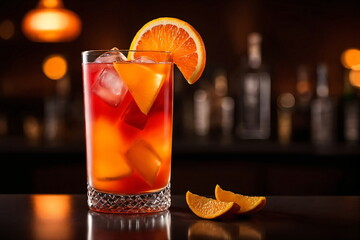 Ein Glas Tequila Sunrise Cocktail mit Orange und Eiswürfel im Vordergrund und im Hintergrund eine Bar.
