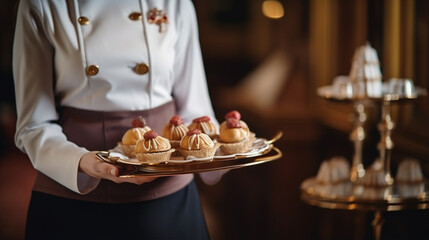 photograph of Waitress in uniform delivering tr, generative ai