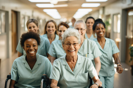 Portrait of multiracial medical team walking in hospital corridor - Generative AI