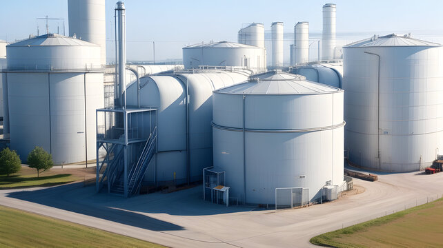 Industrial Storage: Massive Tanks and Silos Holding Raw Materials in a High Volume Manufacturing Facility. Generative AI