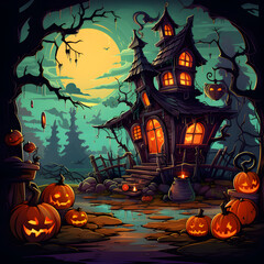 Spooky Halloween Vector Background - Haunted House, Bats, and Eerie Atmosphere, Ai generative