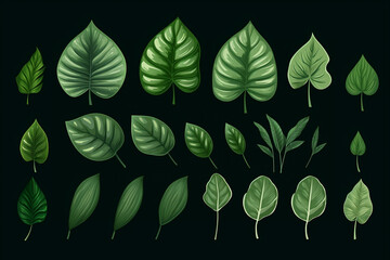 Fototapeta premium Set Dark Green Monster Leaves On White Background