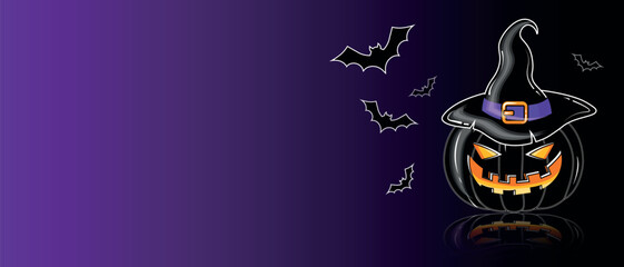 Vector 3D Style Scary Smiling Halloween Pumpkin on Dark black and Purple Gradient Background 3D Cartoon Pumpkin illustration with creepy face expression Happy Halloween Trick or Treat Banner Template