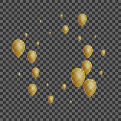 Gold Air Background Transparent Vector. Baloon Shiny Banner. Golden Rainbow Toy. Helium Falling Illustration.