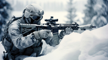Ein Scharfschütze und Soldat wartet einsam in der eiskalten Winterregion auf den Start seiner Mission - obrazy, fototapety, plakaty