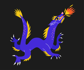 Chinese Dragon in flat style. Symbol of Chinese New Year 2024. Cartoon character. Vector illustration for poster, advert, card.