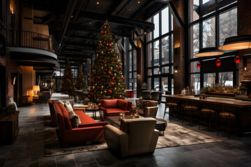 Urban Chic Greeting:  A trendy and vibrant city hotel lobby with exposed brick walls, industrial lighting, contemporary artwork, and a bustling bar area decked out in holiday decorations.
