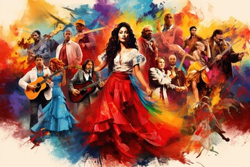 Fototapeta premium Month of Hispanic Heritage, representing cultural heritage Hispanic people, flags, art,Generated with AI