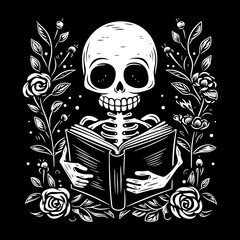 Skeleton reading a book. Black and white skeleton with book and flowers. Floral frame. Gothic book lovers. Minimalist vector illustration.