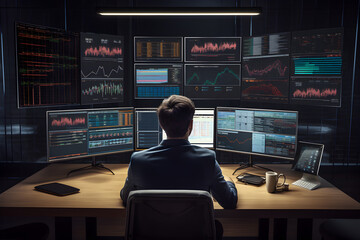 Rear view of businessman sitting in office and looking at monitors with stock market data on the screen. Generative AI - obrazy, fototapety, plakaty