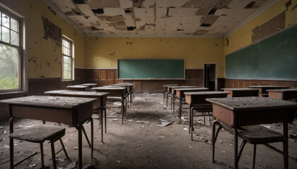 Salle de classe en ruine abandonnée