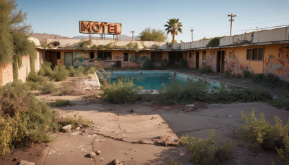 Vieux motel en ruine avec une piscine et des plantes envahissantes sur les murs