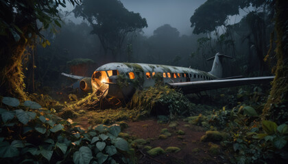 Épave d'avion au cœur de la jungle dans la nuit