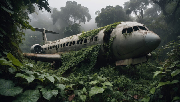 Épave d'avion recouverte de plantes grimpantes dans la jungle