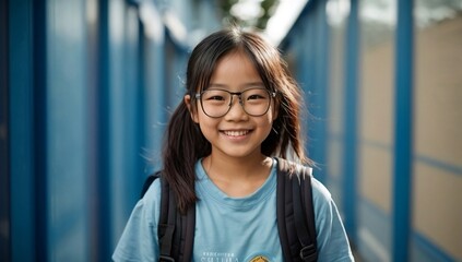 Close-up portrait of an asian girl with backpack and glasses, smiling and happy, against a school blue background. Back to school concept generative ai