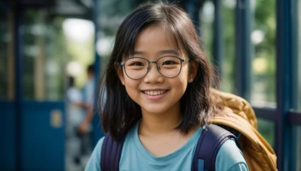 Foto op Plexiglas Close-up portrait of an asian girl with backpack and glasses, smiling and happy, against a school blue background. Back to school concept generative ai © Szymek