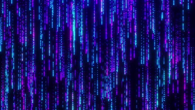 Digital background of glowing lines, high-speed stream of neon particles, large data stream, blue digital technology background, moving light particles, spatial communication network. seamless loop