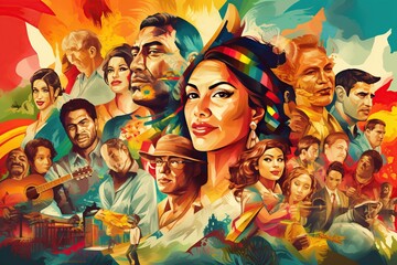 Fototapeta premium Month of Hispanic Heritage, representing cultural heritage Hispanic people, flags, art,Generated with AI