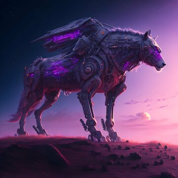 pixelart wolf mecha form futuristic vibes ultra realistic purple sky full hd 8k 
