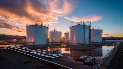 Large  tanks used for storing chemical petroleum petrochemical refinery product at oil terminal