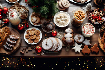 A top - down view of a modern kitchen island transformed into a festive Christmas dessert spread, featuring homemade cookies, cakes, and a variety of sweets arranged on elegant platters. 