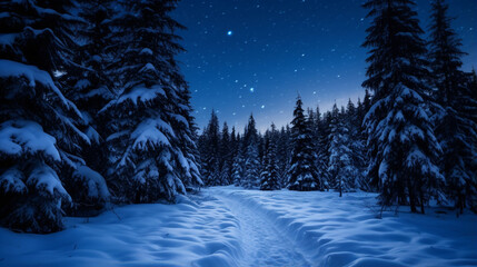 Ski Tracks Leading into the Dark Forest, beautiful winter night, with copy space