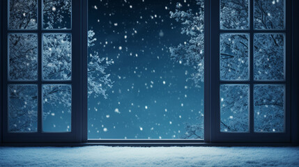Frost-Covered Windowpanes with a View of Snowy Landscape, beautiful winter night, with copy space