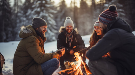 Group of Friends Roasting Marshmallows Over a Campfire, winter, cozy, people, snow, with copy space - obrazy, fototapety, plakaty