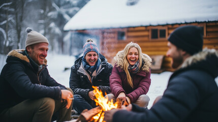 Group of Colleagues Enjoying a Winter Team-Building Retreat, winter, cozy, people, snow, with copy space