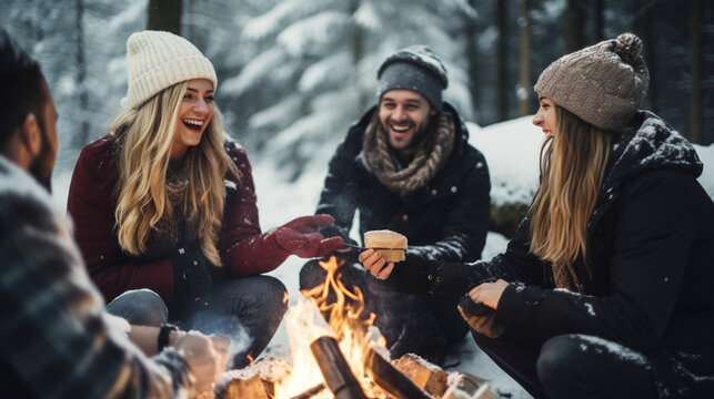 Group of Friends Roasting Marshmallows Over a Campfire, winter, cozy, people, snow, with copy space