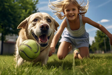 A girl is playing ball with a labrador retriever.
