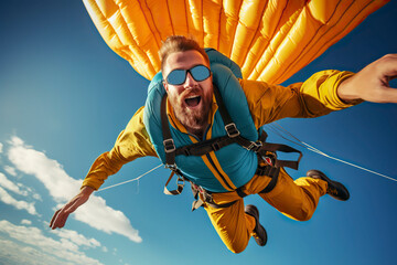 Man jumping with a parachute. - Powered by Adobe