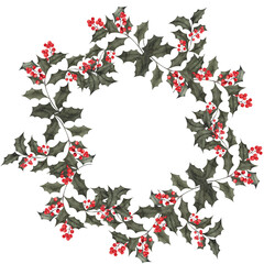 Watercolor wreath with christmas berry, branch of tree, cones and white flowers, isolated on white background