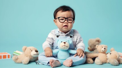 A tearful Asian infant with colorful toys in a studio background.