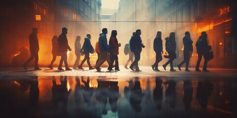 Diverse Group of People Strolls Through the Bustling Center of the City, Set Against a Vibrant Colored Background, Reflecting the Energetic and Multicultural Pulse of Urban Life