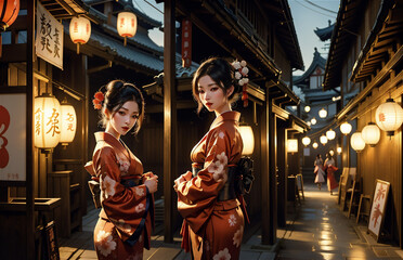 elegant girls in a classic traditional dress Japanese kimono