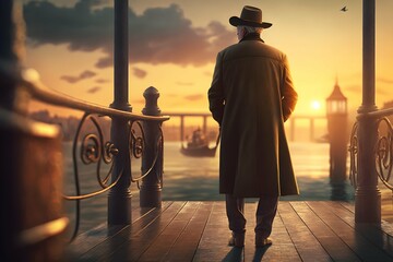 photo rear view old man wearing hat coat standing with his feet at the very edge of a pier with no rails beautiful golden light reflecting off the water sunset intricate details ray tracing octane  - obrazy, fototapety, plakaty
