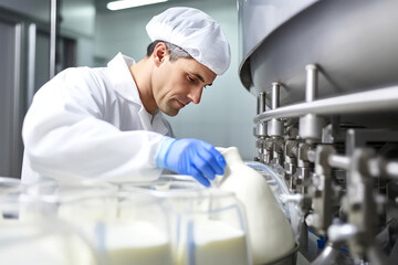 worker testing quality of milk on background