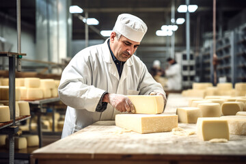 worker testing quality of cheese on background