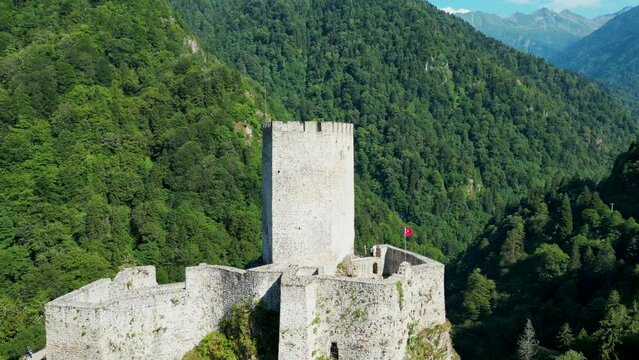 Aerial view of Zilkale castle in Rize. Historical zil kale castle built on rock in a green valley. Shot in Rize, T&uuml;rkiye. Turkey tourist attractions