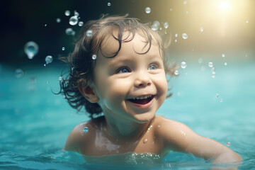 toddler in the swimming pool laughing