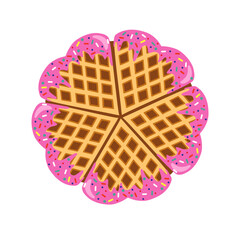 Waffles in the shape of a heart with strawberries pink glaze isolated on white background.