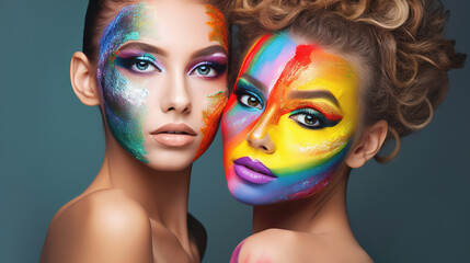 Two cute young women with painted faces and colorful haircuts and makeup on a dark background