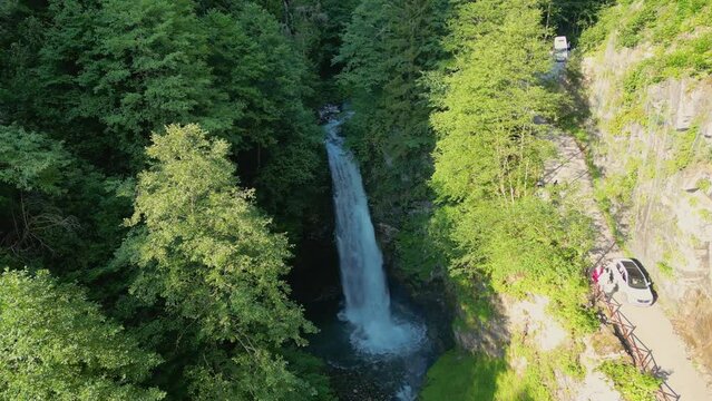Palovit waterfall aerial view. Palovit Waterfall, located in the Kackar Mountains, is one of the famous places of Rize. It was shot with a drone in &Ccedil;amlıhemşin Rize. Turkey tourist attractions